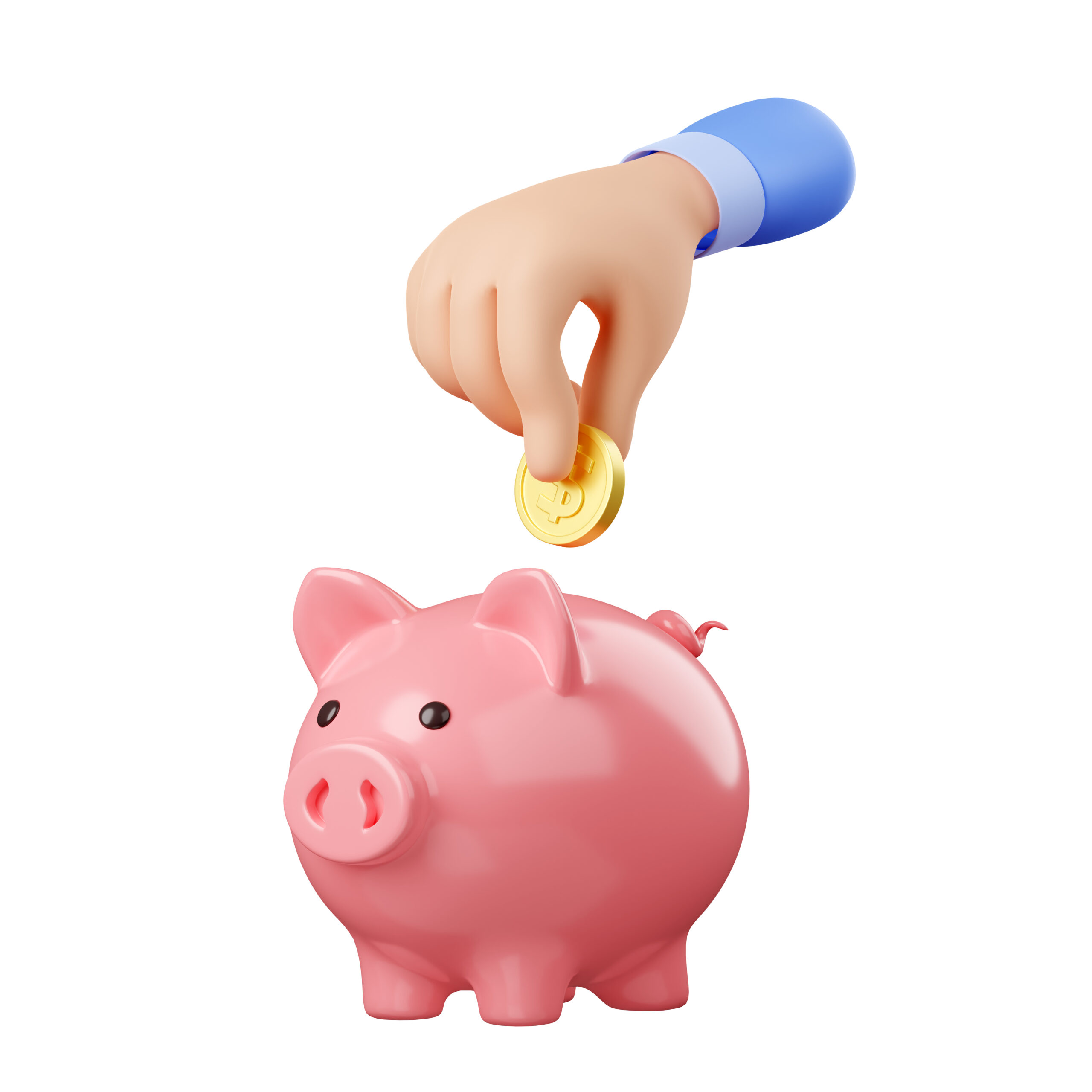 3d render hand put golden coin into piggy bank